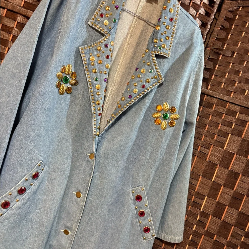 Vintage Marshall Rousso Embellished Denim Duster Coat L Rhinestone Studded - Picture 2 of 10
